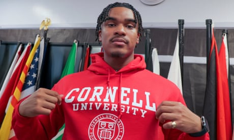Dennis Maliq Barnes, 16, announces that he will be attending Cornell University during a news conference at International High School of New Orleans on Friday, 5 May 2023. (David Grunfeld, NOLA.com/The Times-Picayune/The New Orleans Advocate via AP)