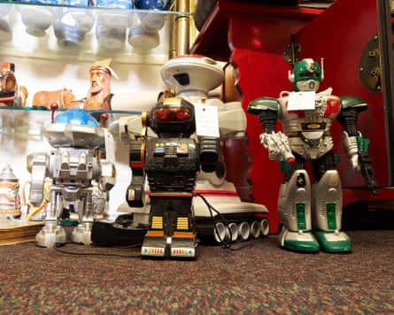 Vintage toy robots in a second hand store