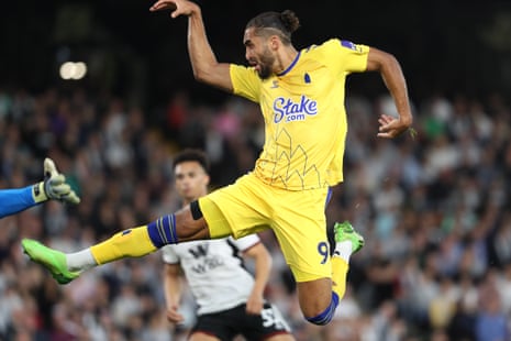 An airborne Dominic Calvert-Lewin of Everton fails to make contact with a ball that’s fizzed across the front of the goal.