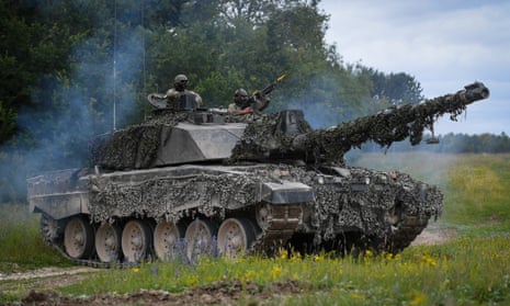 A Challenger 2 tank in use on a training exercise on Salisbury Plain in July.