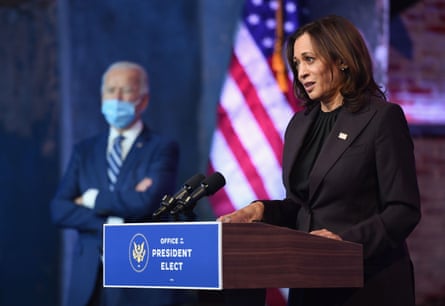 Kamala Harris with Joe Biden on Tuesday. Centrists and progressives are vying for influence on multiple fronts.