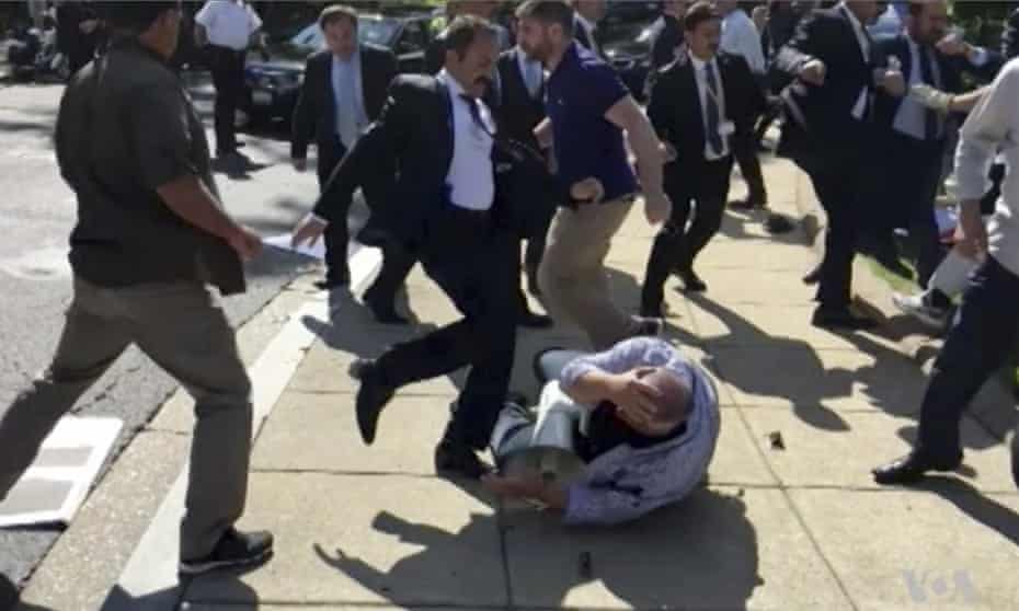 In this frame grab from video provided by Voice of America, members of President Recep Tayyip Erdoğan’s security detail are shown violently reacting to peaceful protesters during his 2017 trip to Washington.