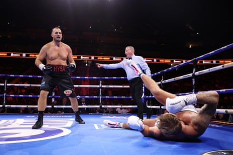 Nelson Hysa knocks out Thomas Narmo during their heavyweight non-title fight at the O2 Arena.