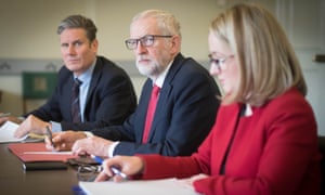Jeremy Corbyn with the shadow Brexit secretary, Keir Starmer, left, and shadow business secretary, Rebecca Long-Bailey in the Houses of Parliament, London.