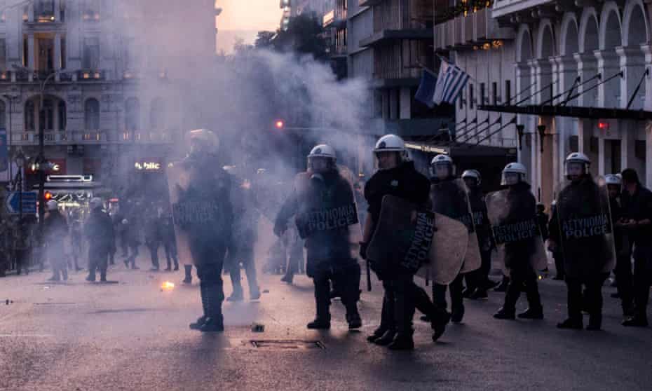 Police used teargas during Sunday’s anti-austerity demonstration in Athens.