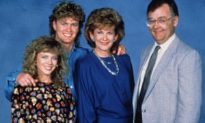Minogue (Charlene) with her Neighbours co-stars Craig McLachlan (Henry), Anne Charleston (Madge Bishop) and Ian Smith (Harold Bishop)