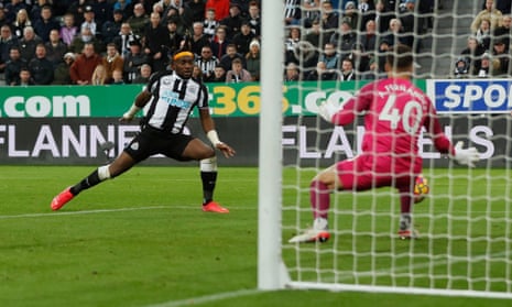 Newcastle United’s Allan Saint-Maximin scores their third goal.