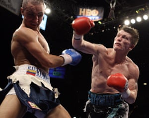 Ricky Hatton lands a right on Paulie Malignaggi during their IBF light-welterweight fight in November 2008.