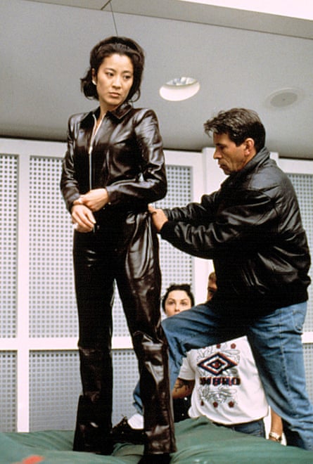 The one-take wonder … being readied for a stunt in Tomorrow Never Dies.