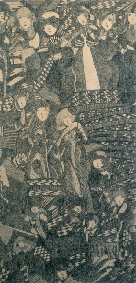A painting of black and white figures