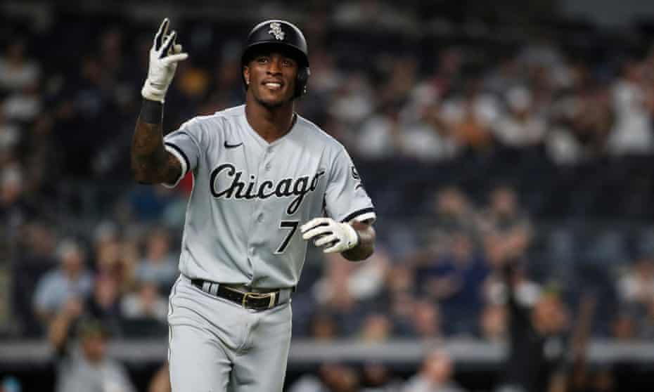 Tim Anderson gestures to the fans after hitting a three run home run against the New York Yankees