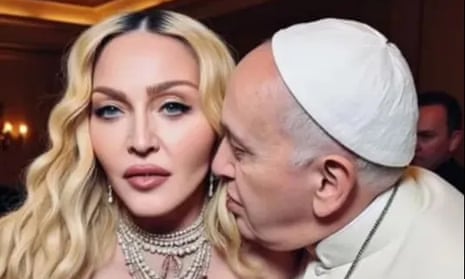 An AI image of Pope Francis looking at Madonna who is staring straight ahead