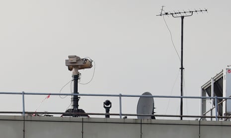 Counter-drone equipment deployed on a rooftop at Gatwick airport last December.