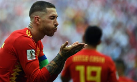 Sergio Ramos blows a kiss after Spain take the lead against Russia.