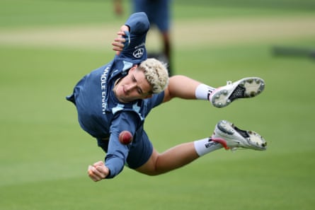 Jacob Bethell dives during an England practice session.