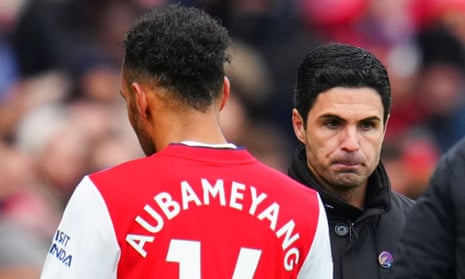 Mikel Arteta pictured with Pierre-Emerick Aubameyang after substituting the striker during Arsenal’s game against Newcastle United, last November.