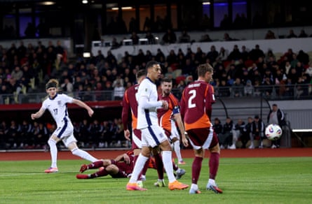 Anthony Gordon scores England’s first goal against Latvia.