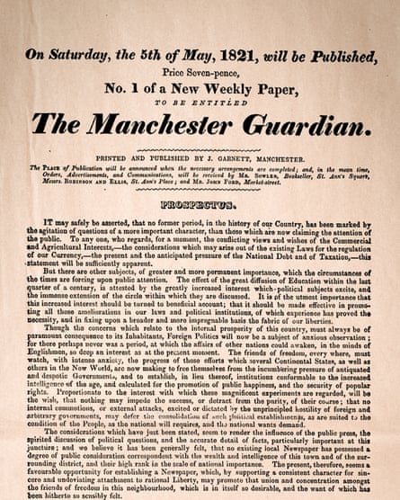 The prospectus published in advance of the first edition of the Manchester Guardian in 1821.