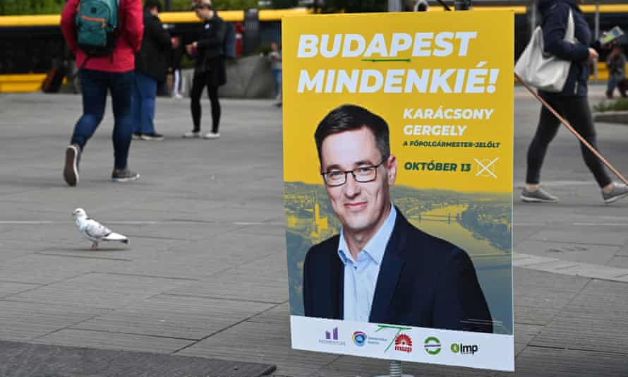 A billboard urging voters to back Gergely Karácsony in the Budapest mayoral race
