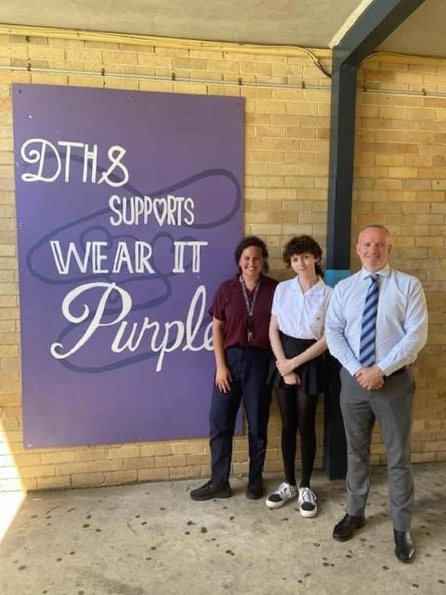 Connie Tomagra, Riley Christiansen and principal Colin Campbell at Doonside Technology high school