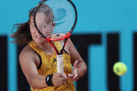 Daria Kasatkina returns the ball to Veronika Kudermetova during their 2023 WTA Tour Madrid Open singles match at the Caja Mágica in Madrid on 1 May 2023.