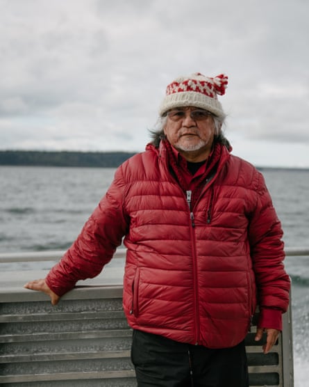 Lummi Tribal leader Al Johnnie poses for a portrait aboard King County’s SoundGuardian following a Lummi ceremony honoring the qwe ‘lhol mechen, commonly known as orca whales, in Puget Sound, on Wednesday, April 10, 2019 in Washington.