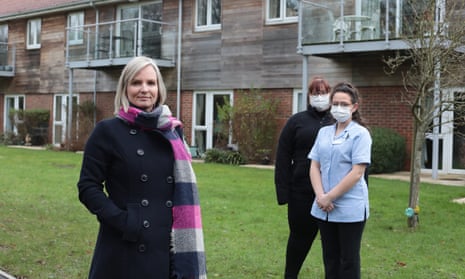 Kellyn Lee, who developed the material citizenship programme, with care home staff, Charlotte Gilbert and Becci Fletcher outside the home in Hampshire