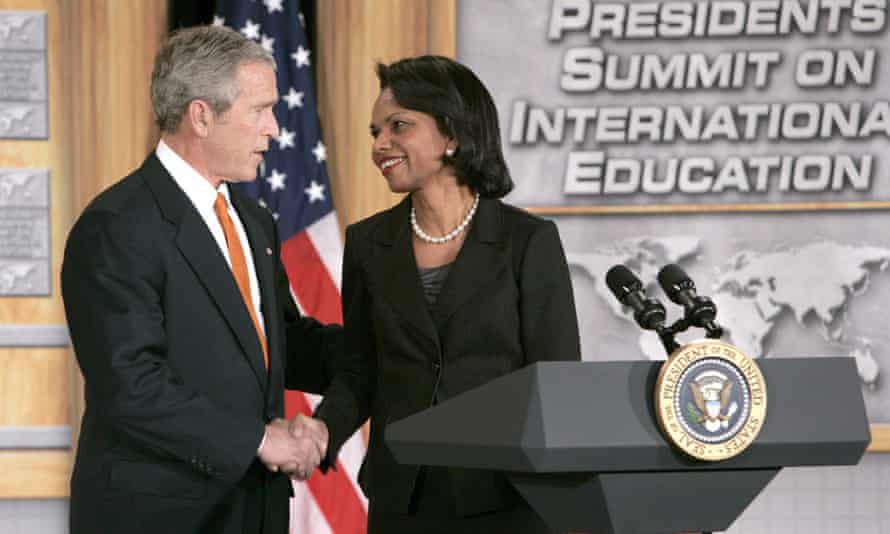 George W Bush shakes hands with Condoleezza Rice in Washington DC on 5 January 2006.