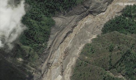 A satellite image shows the Trishuli River in the aftermath of the flash flood along the Nepal-Tibet border.