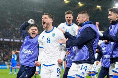 Florent Muslija of Kosovo celebrates scoring his team's third goal