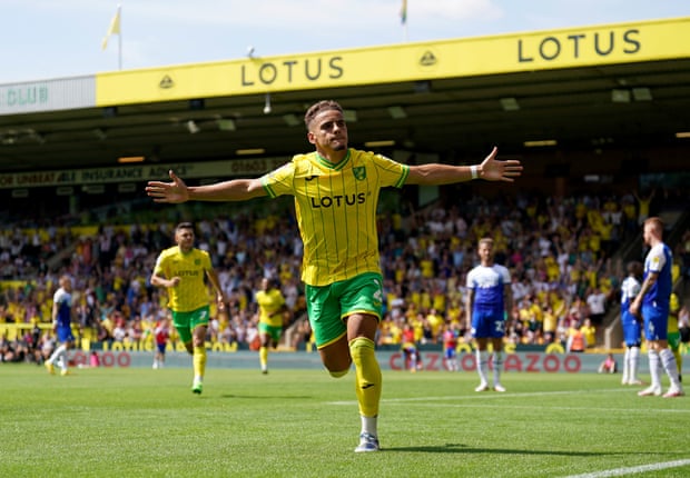Max Aarons wheels away after scoring Norwich’s equaliser.