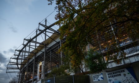 An exterior detail of the view of the Volksparkstadion.