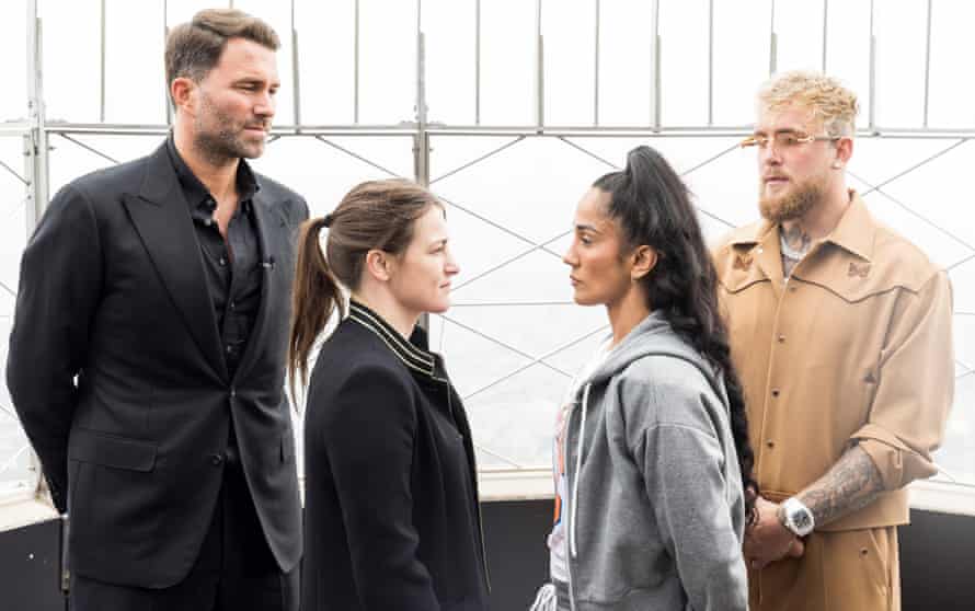 Katie Taylor and Amanda Serrano face off at the Empire State Building, with Eddie Hearn and Jake Paul looking on