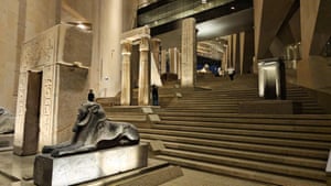 Monuments next to a staircase inside the Grand Egyptian Museum