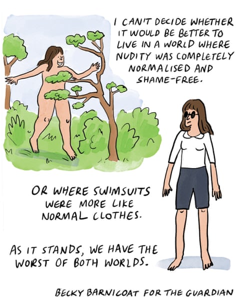 A series of cartoon images of a woman wearing swimwear., panel 4