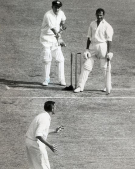 Joe Solomon after his cap fell on to his bails in the Test following the tied match. The bowler, the Australian captain Richie Benaud, appealed successfully but unpopularly for him to be given out hit wicket.
