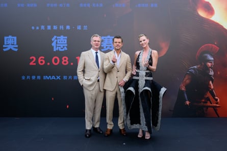 Christopher Nolan, Matt Damon and Charlize Theron at the Beijing Red Carpet for The Odyssey.