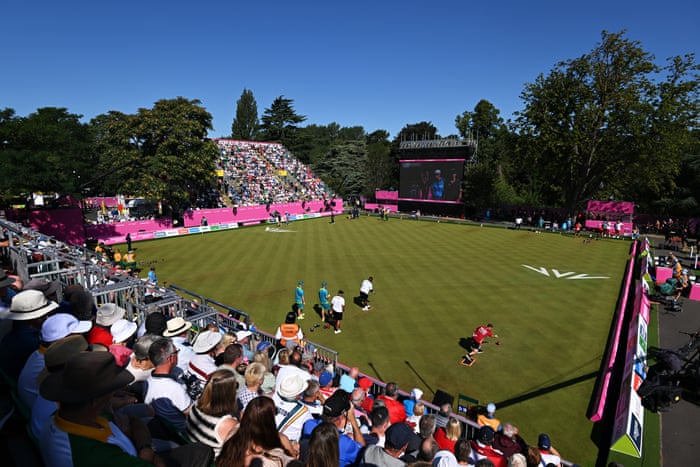 A general view of the green during the Men's Triples semi-final match between Wales and England.