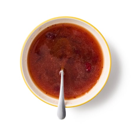 prepare the sauce by stirring the preserves, then add the citrus juice and sugar. Stir until the sugar dissolves, then mix in the vinegar, soy and 90ml water