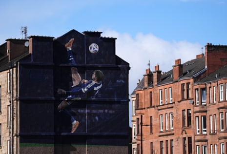 A mural of Scotland’s Scott McTominay on Somerville Drive in Glasgow, near Hampden Park. The artwork depicts his overhead kick against Denmark.