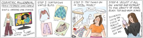 Becky Barnicoat cartoon on dressing like Gen Z, panel 1