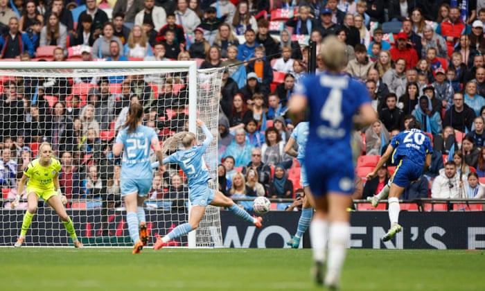Chelsea’s Sam Kerr scores their third goal courtesy of a deflection off of Manchester City’s Alex Greenwood.