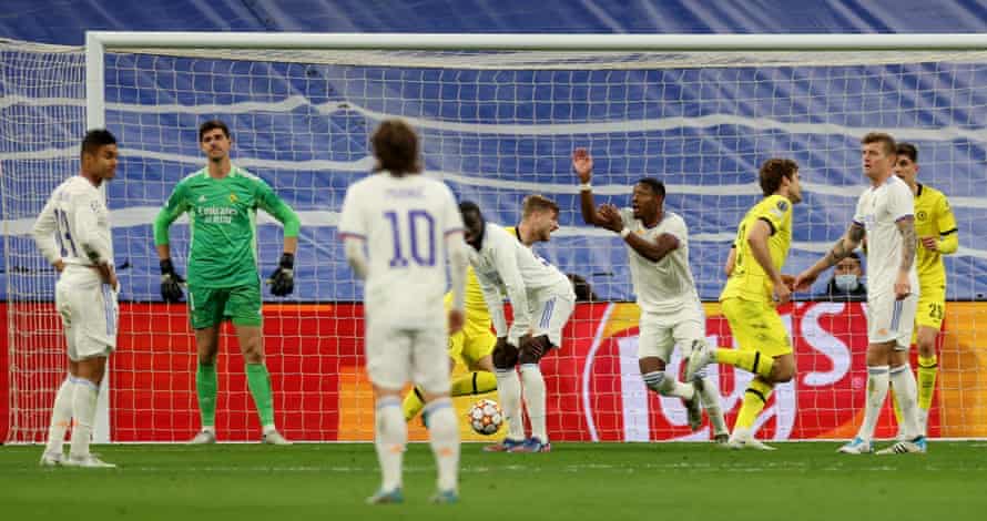 David Alaba of Real Madrid appealed to handball after Marcos Alonso of Chelsea scored a goal which was rejected after a VAR review.
