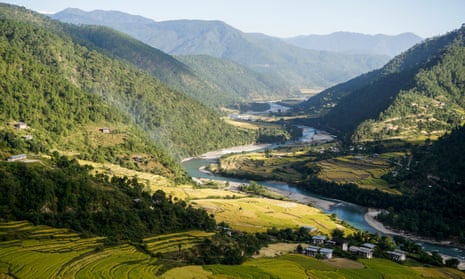 Terraced rice fields and the Mo Chhu river in Punakha, Bhutan.