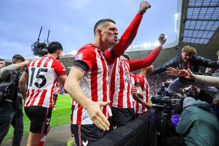 Sunderland midfielder Granit Xhak celebarates an own goal by Newcastle United forward Nick Woltemade at Stadium of Light.