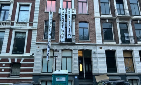 Banners outside the building owned by Arkady Volozh in Amsterdam.