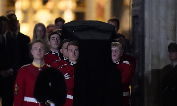 An early morning rehearsal for Queen Elizabeth II's funeral in London ahead of her funeral on Monday. 