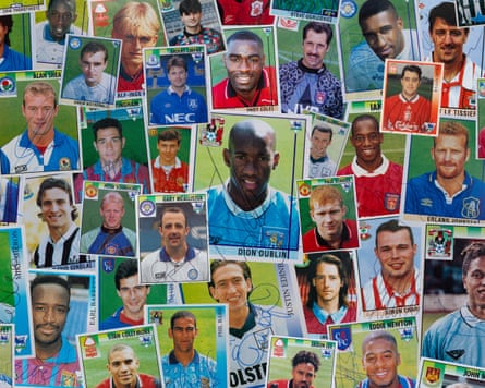 An array of football autographs on Premier League stickers from 1993-97.