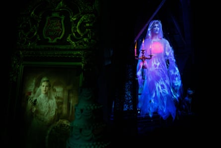 A ghostly new bride in the attic of the Haunted Mansion at Disneyland Park.