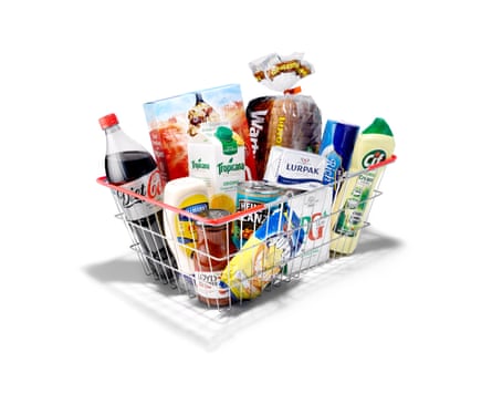 A basket of everyday grocery items